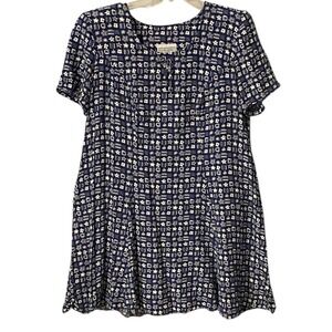 VTG Ed‎ Michaels Plus Women Navy Blue Flower Print Short Sleeve A-Line Dress XL